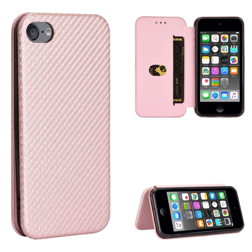 

For iPod Touch 5 / 6 / 7 Carbon Fiber Texture Horizontal Flip TPU + PC + PU Leather Case with Card Slot(Pink)