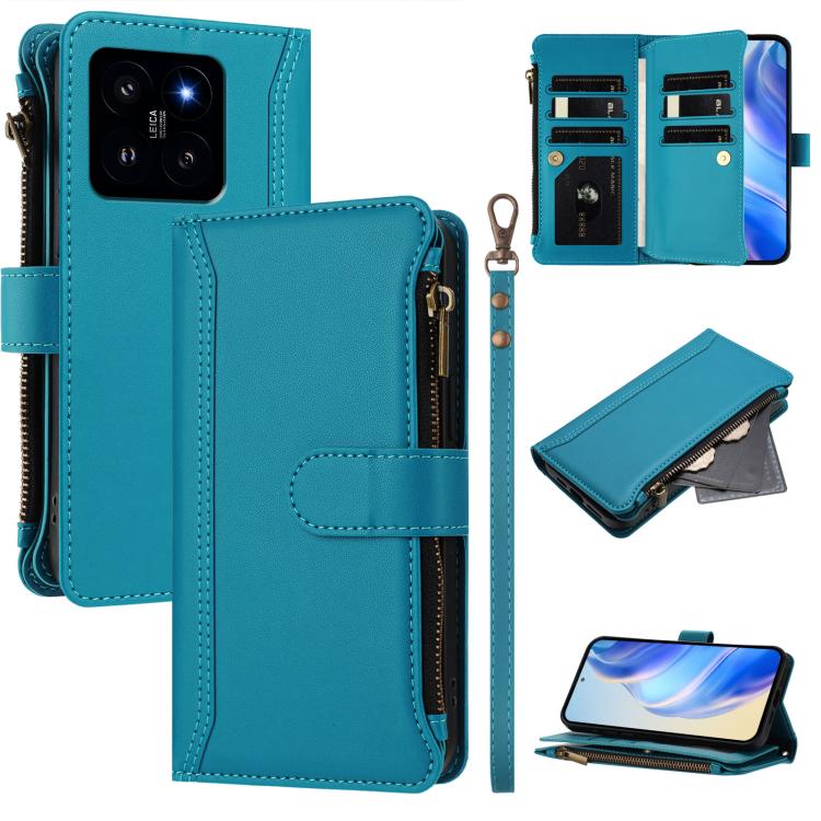

For Xiaomi 14 Magnetic Closure 9 Card Slots Zipper Leather Case with Hand Strap(Turquoise)