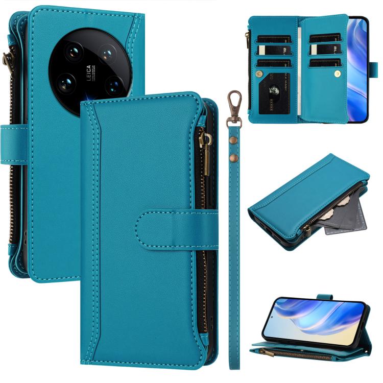 

For Xiaomi 14 Ultra Magnetic Closure 9 Card Slots Zipper Leather Case with Hand Strap(Turquoise)