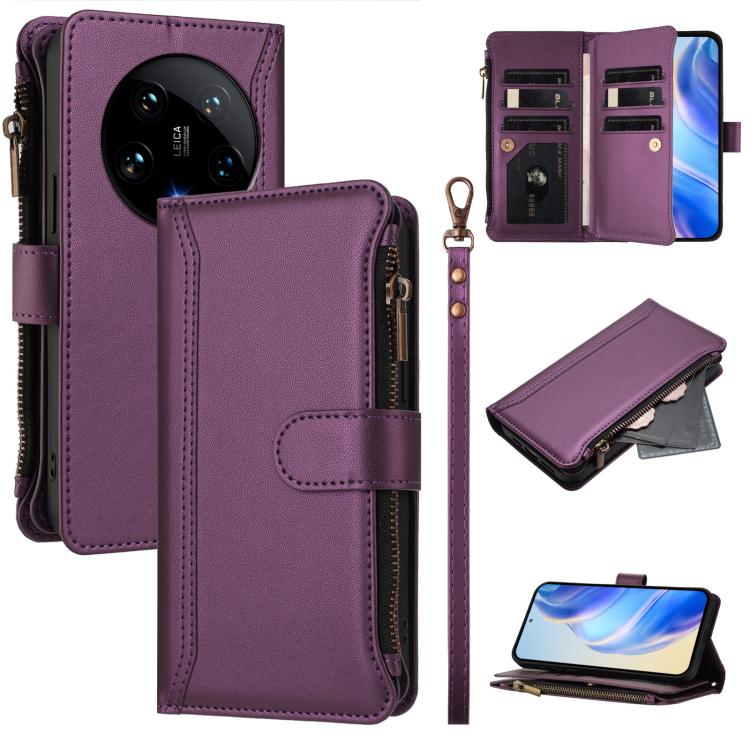 

For Xiaomi 14 Ultra Magnetic Closure 9 Card Slots Zipper Leather Case with Hand Strap(Purple)