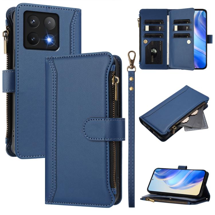 

For Xiaomi 14T Magnetic Closure 9 Card Slots Zipper Leather Case with Hand Strap(Dark Blue)