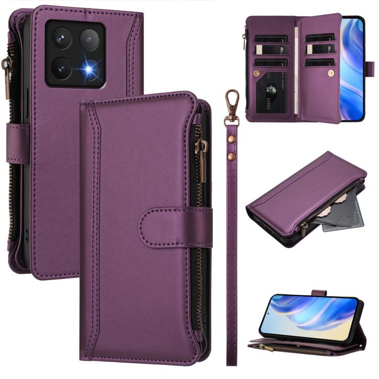 

For Xiaomi 14T Magnetic Closure 9 Card Slots Zipper Leather Case with Hand Strap(Purple)