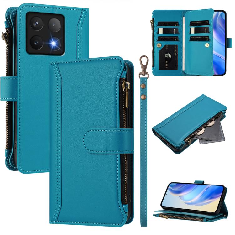 

For Xiaomi 14T Pro Magnetic Closure 9 Card Slots Zipper Leather Case with Hand Strap(Turquoise)