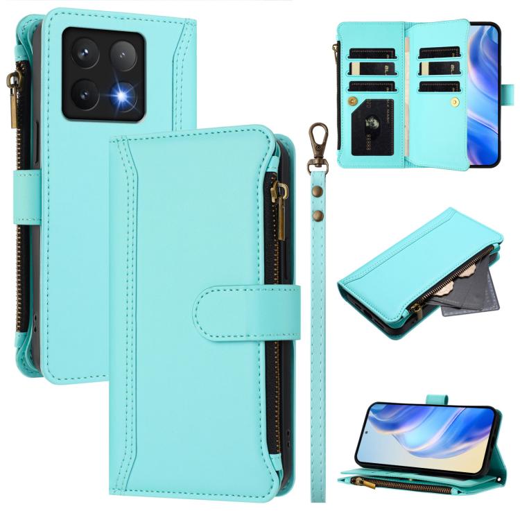 

For Xiaomi 14T Pro Magnetic Closure 9 Card Slots Zipper Leather Case with Hand Strap(Mint Green)