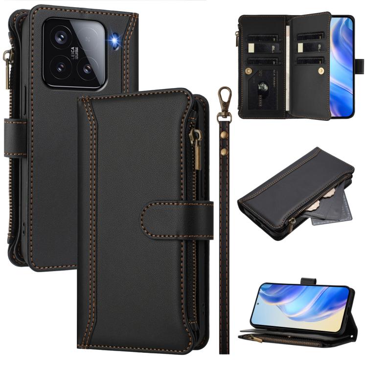 

For Xiaomi 15 Magnetic Closure 9 Card Slots Zipper Leather Case with Hand Strap(Black)