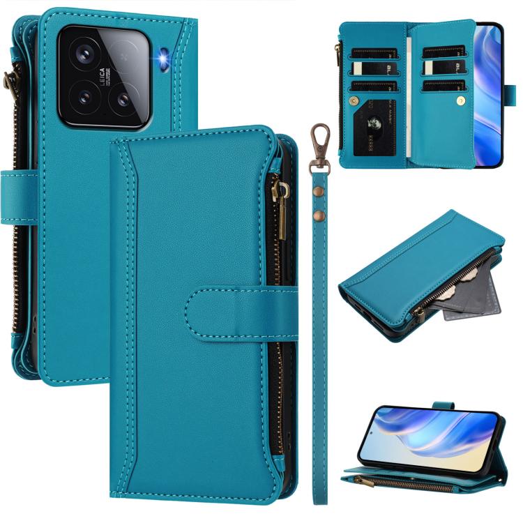

For Xiaomi 15 Magnetic Closure 9 Card Slots Zipper Leather Case with Hand Strap(Turquoise)