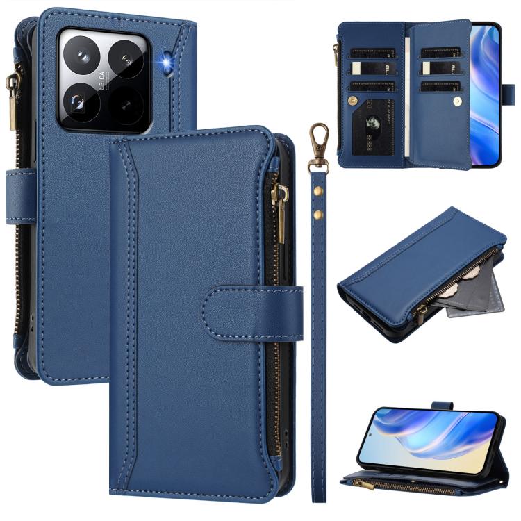 

For Xiaomi 15 Pro Magnetic Closure 9 Card Slots Zipper Leather Case with Hand Strap(Dark Blue)