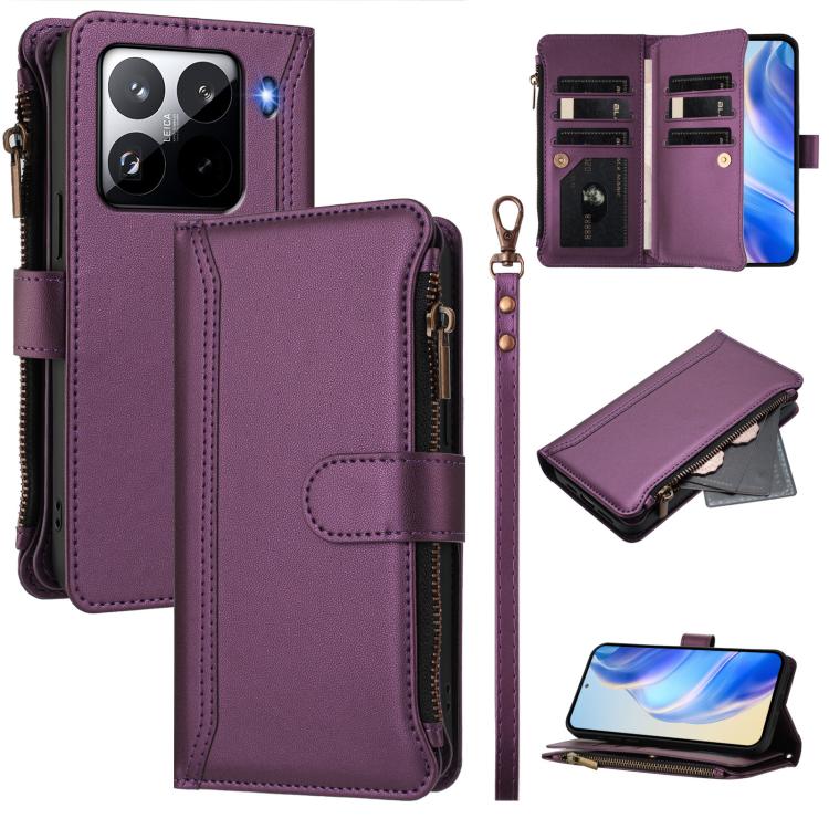

For Xiaomi 15 Pro Magnetic Closure 9 Card Slots Zipper Leather Case with Hand Strap(Purple)