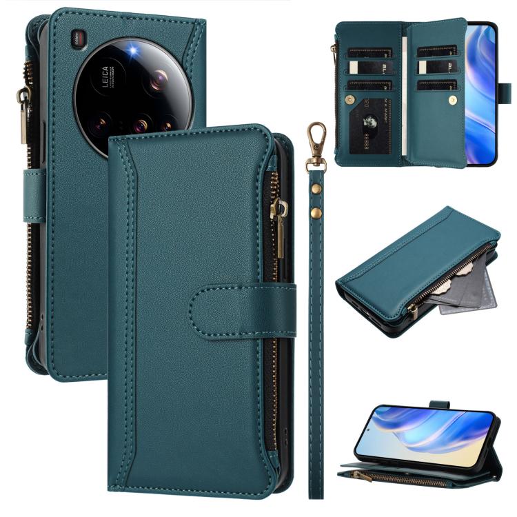

For Xiaomi 15 Ultra Magnetic Closure 9 Card Slots Zipper Leather Case with Hand Strap(Dark Green)