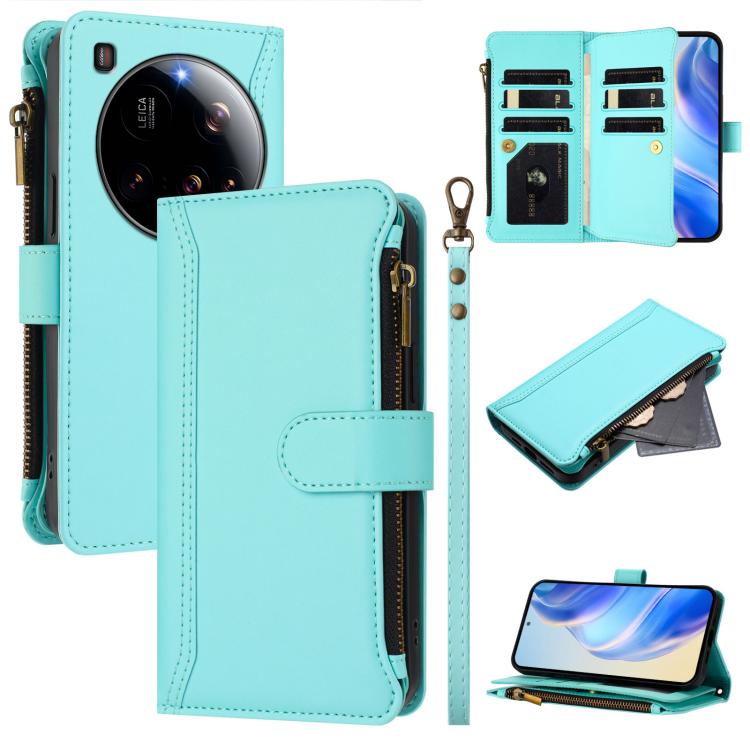 

For Xiaomi 15 Ultra Magnetic Closure 9 Card Slots Zipper Leather Case with Hand Strap(Mint Green)