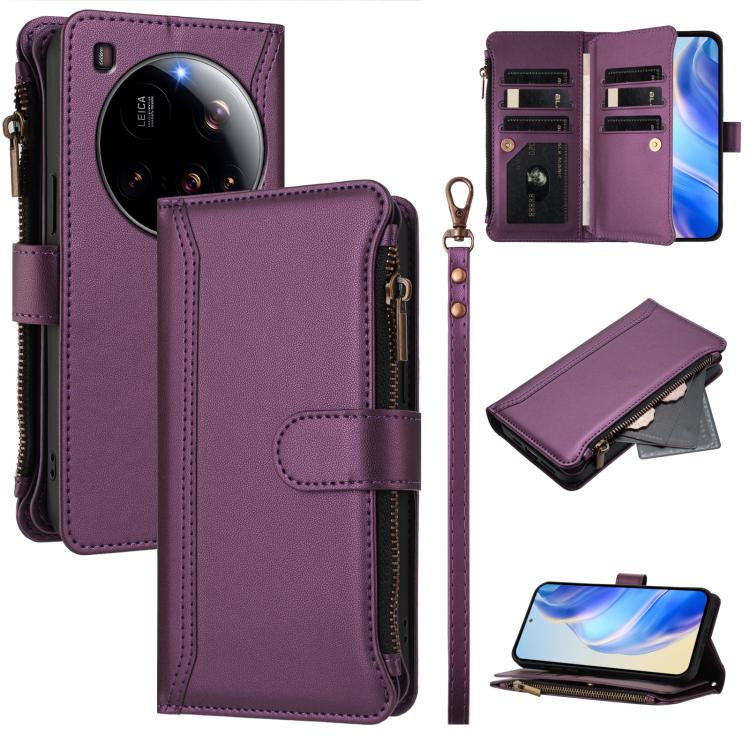 

For Xiaomi 15 Ultra Magnetic Closure 9 Card Slots Zipper Leather Case with Hand Strap(Purple)