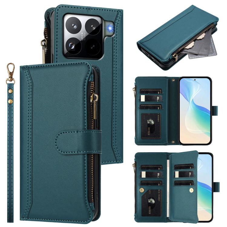 

For Xiaomi 15S Pro Magnetic Closure 9 Card Slots Zipper Leather Case with Hand Strap(Dark Green)