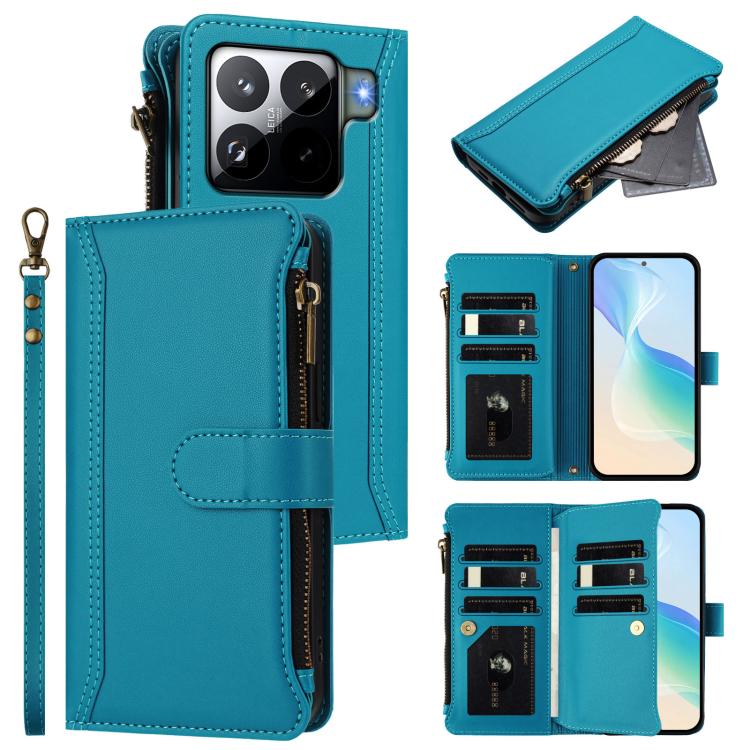 

For Xiaomi 15S Pro Magnetic Closure 9 Card Slots Zipper Leather Case with Hand Strap(Turquoise)