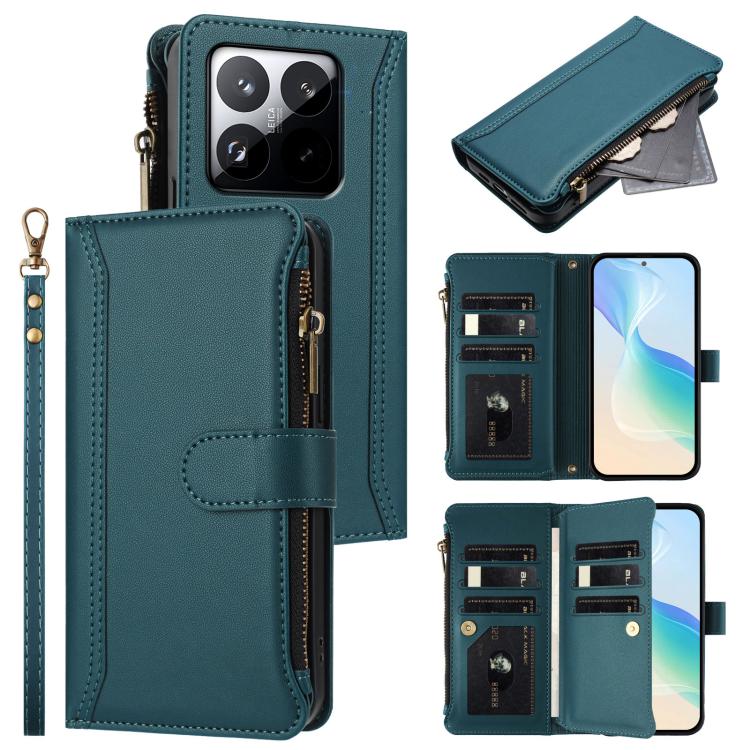 

For Xiaomi 15T 5G Magnetic Closure 9 Card Slots Zipper Leather Case with Hand Strap(Dark Green)
