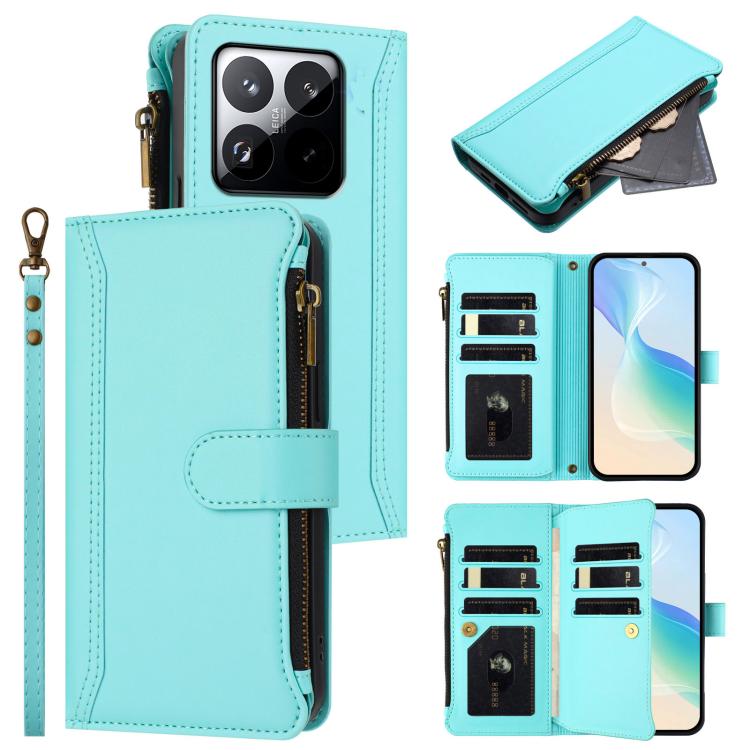 

For Xiaomi 15T 5G Magnetic Closure 9 Card Slots Zipper Leather Case with Hand Strap(Mint Green)