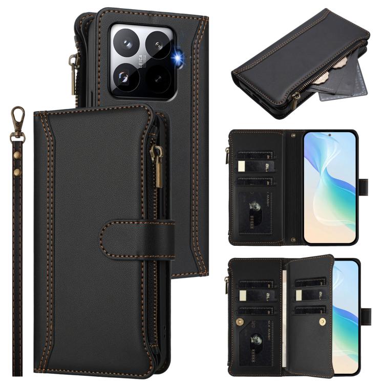 

For Xiaomi 15T Pro 5G Magnetic Closure 9 Card Slots Zipper Leather Case with Hand Strap(Black)