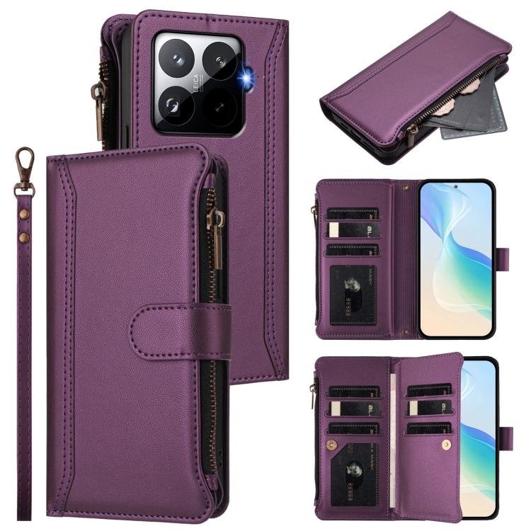

For Xiaomi 15T Pro 5G Magnetic Closure 9 Card Slots Zipper Leather Case with Hand Strap(Purple)