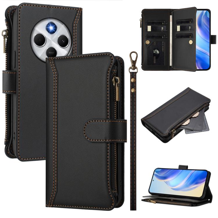 

For Redmi 14C 4G / 14R 5G / A3 Pro Magnetic Closure 9 Card Slots Zipper Leather Case with Hand Strap(Black)