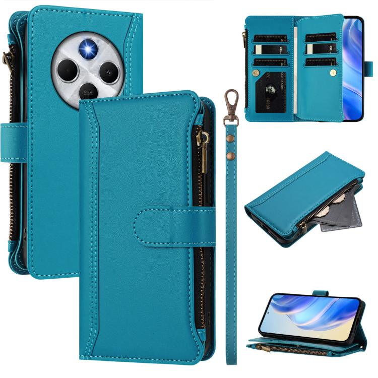 

For Redmi 14C 4G / 14R 5G / A3 Pro Magnetic Closure 9 Card Slots Zipper Leather Case with Hand Strap(Turquoise)