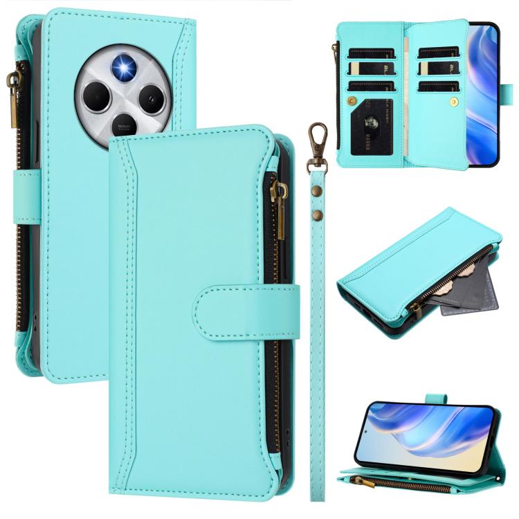 

For Redmi 14C 4G / 14R 5G / A3 Pro Magnetic Closure 9 Card Slots Zipper Leather Case with Hand Strap(Mint Green)