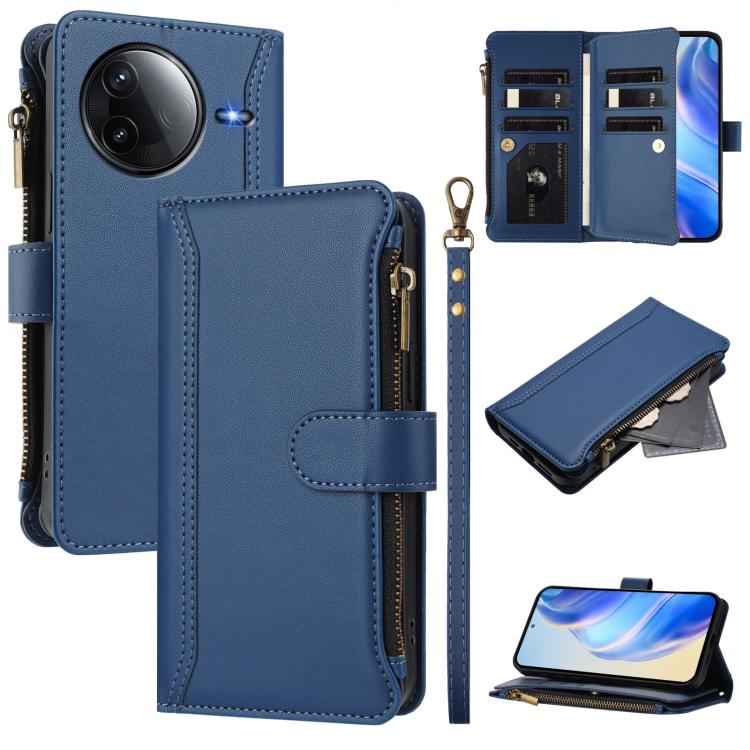 

For Redmi K80 / K80 Pro Magnetic Closure 9 Card Slots Zipper Leather Case with Hand Strap(Dark Blue)