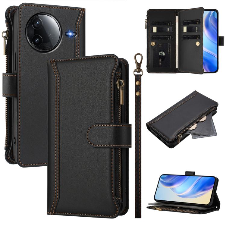 

For Redmi K80 / K80 Pro Magnetic Closure 9 Card Slots Zipper Leather Case with Hand Strap(Black)