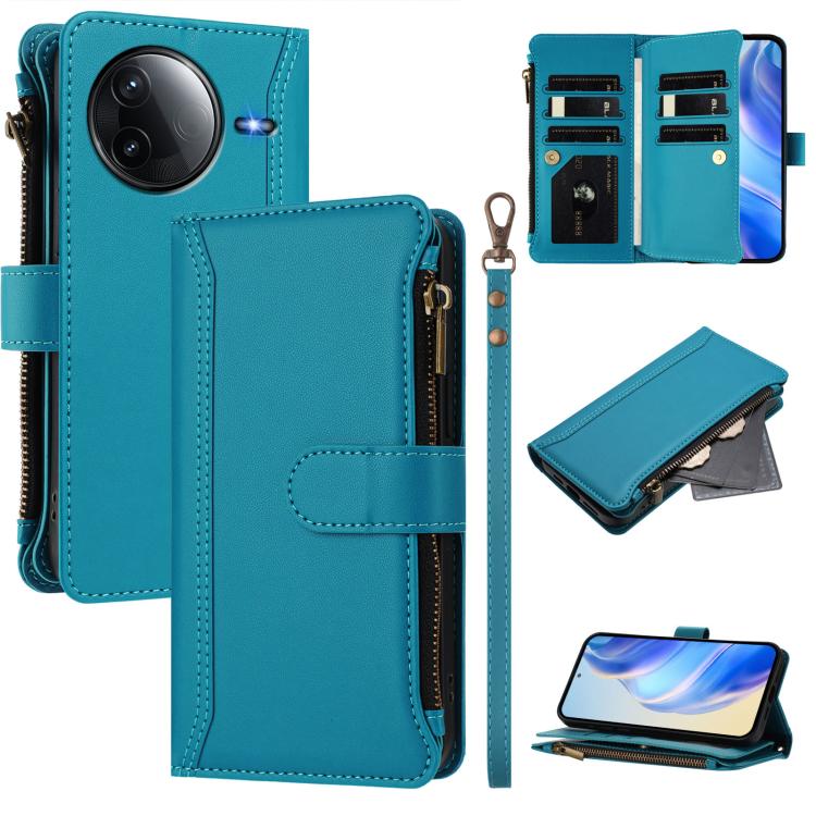

For Redmi K80 / K80 Pro Magnetic Closure 9 Card Slots Zipper Leather Case with Hand Strap(Turquoise)