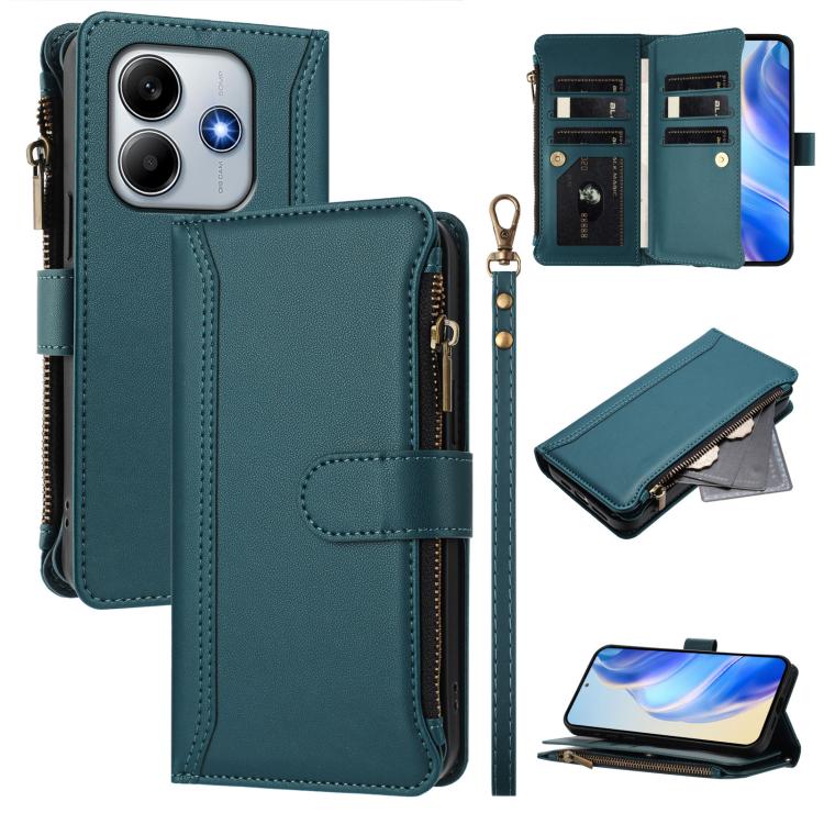 

For Redmi Note 14 4G 163.25mm Magnetic Closure 9 Card Slots Zipper Leather Case with Hand Strap(Dark Green)