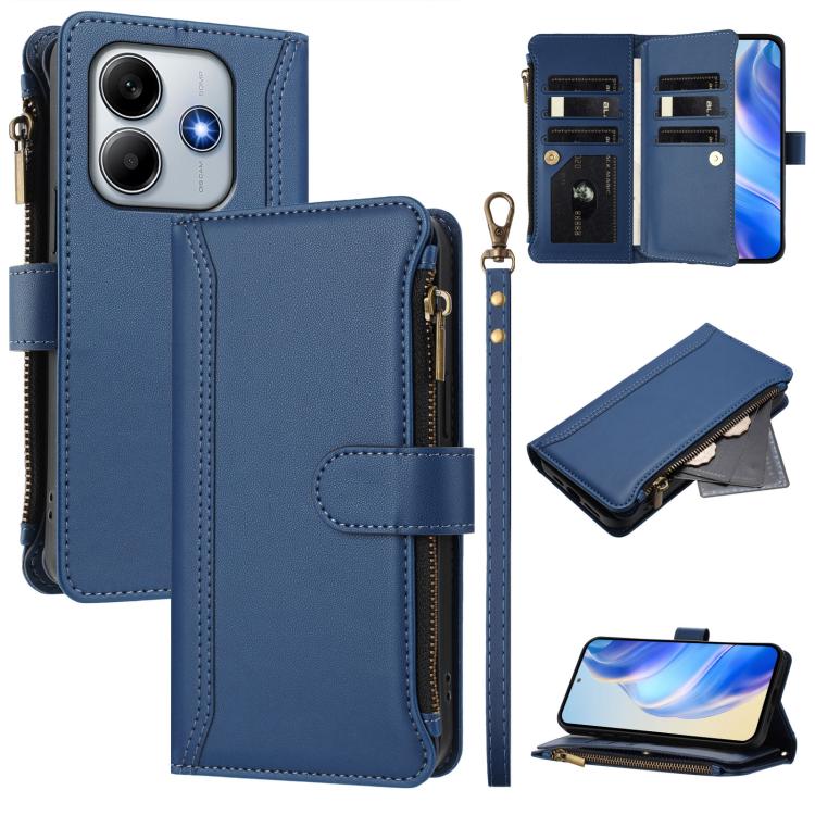

For Redmi Note 14 4G 164.84mm Magnetic Closure 9 Card Slots Zipper Leather Case with Hand Strap(Dark Blue)