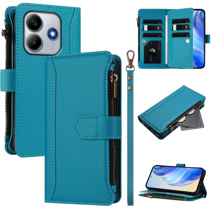 

For Redmi Note 14 4G 164.84mm Magnetic Closure 9 Card Slots Zipper Leather Case with Hand Strap(Turquoise)
