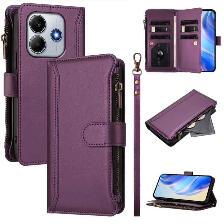 

For Redmi Note 14 4G 164.84mm Magnetic Closure 9 Card Slots Zipper Leather Case with Hand Strap(Purple)