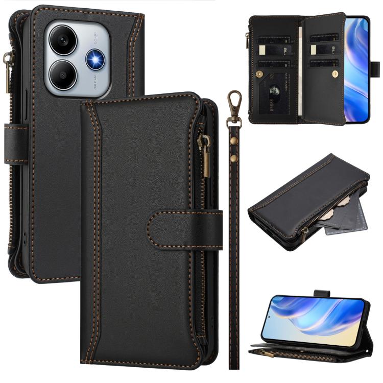 

For Redmi Note 14 5G / Poco M7 Pro 5G Magnetic Closure 9 Card Slots Zipper Leather Case with Hand Strap(Black)