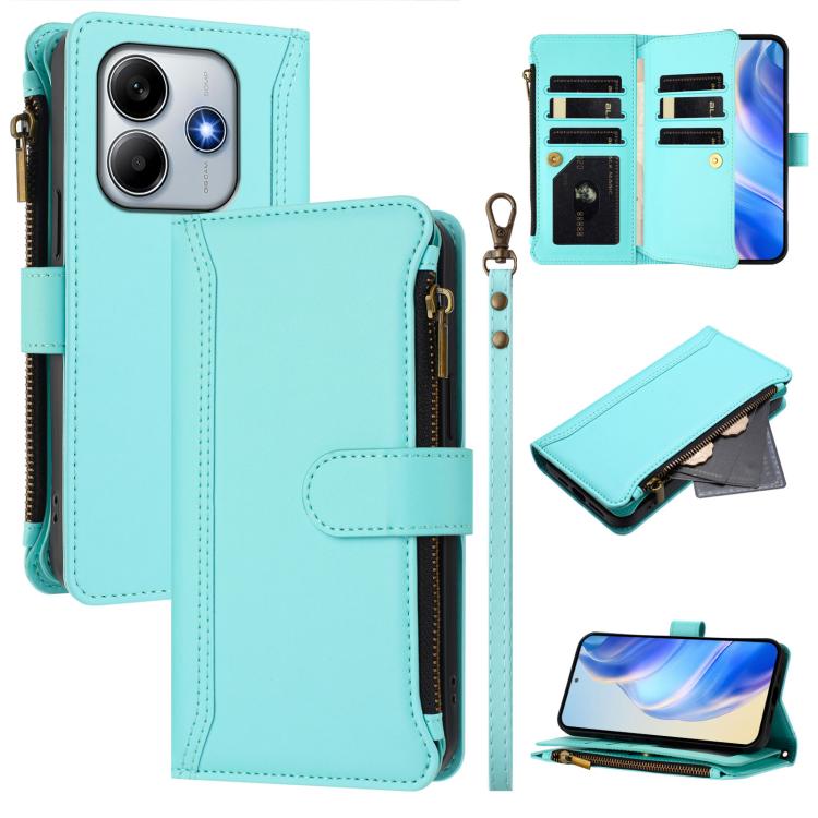 

For Redmi Note 14 5G / Poco M7 Pro 5G Magnetic Closure 9 Card Slots Zipper Leather Case with Hand Strap(Mint Green)
