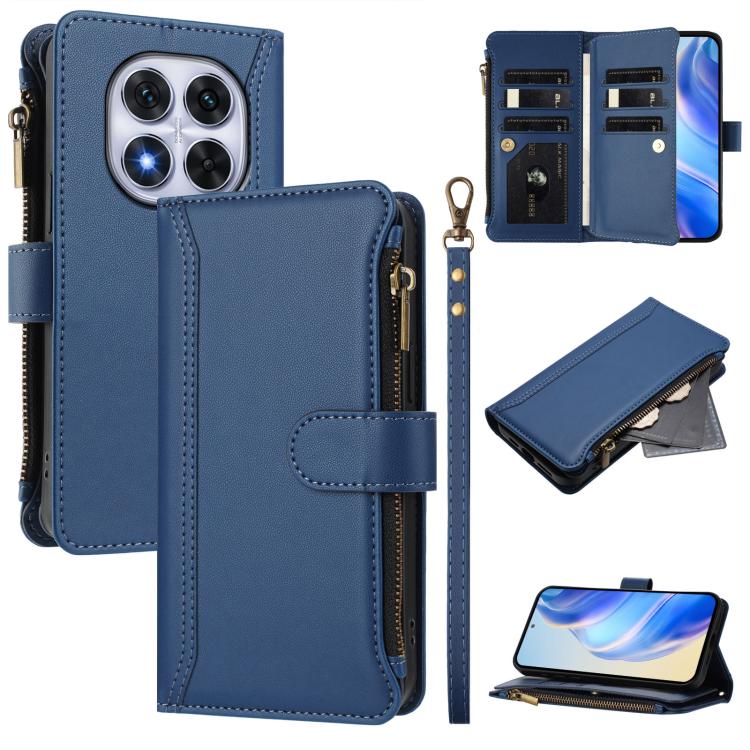 

For Redmi Note 14 Pro 4G Magnetic Closure 9 Card Slots Zipper Leather Case with Hand Strap(Dark Blue)