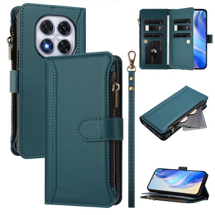 

For Redmi Note 14 Pro 4G Magnetic Closure 9 Card Slots Zipper Leather Case with Hand Strap(Dark Green)