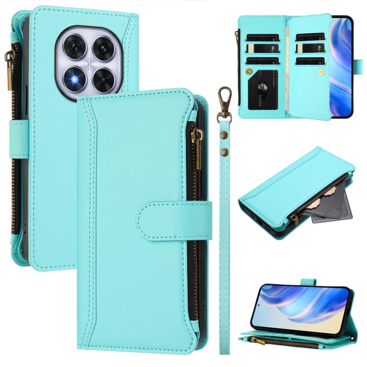 

For Redmi Note 14 Pro 4G Magnetic Closure 9 Card Slots Zipper Leather Case with Hand Strap(Mint Green)