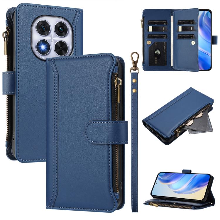 

For Redmi Note 14 Pro 5G Magnetic Closure 9 Card Slots Zipper Leather Case with Hand Strap(Dark Blue)