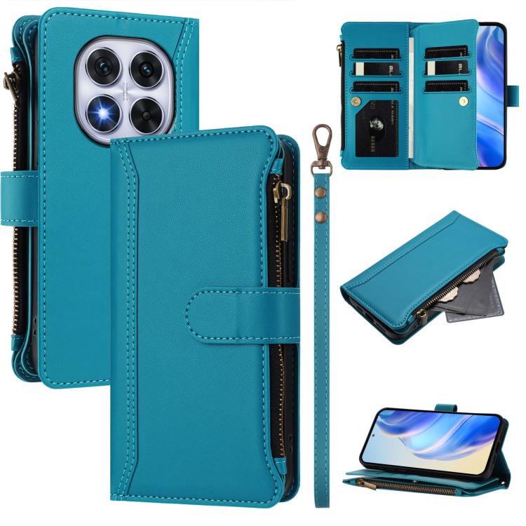 

For Redmi Note 14 Pro 5G Magnetic Closure 9 Card Slots Zipper Leather Case with Hand Strap(Turquoise)