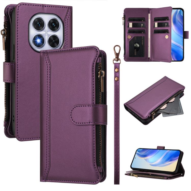 

For Redmi Note 14 Pro 5G Magnetic Closure 9 Card Slots Zipper Leather Case with Hand Strap(Purple)