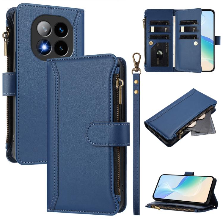 

For Redmi Note 14 Pro+ 5G Magnetic Closure 9 Card Slots Zipper Leather Case with Hand Strap(Dark Blue)