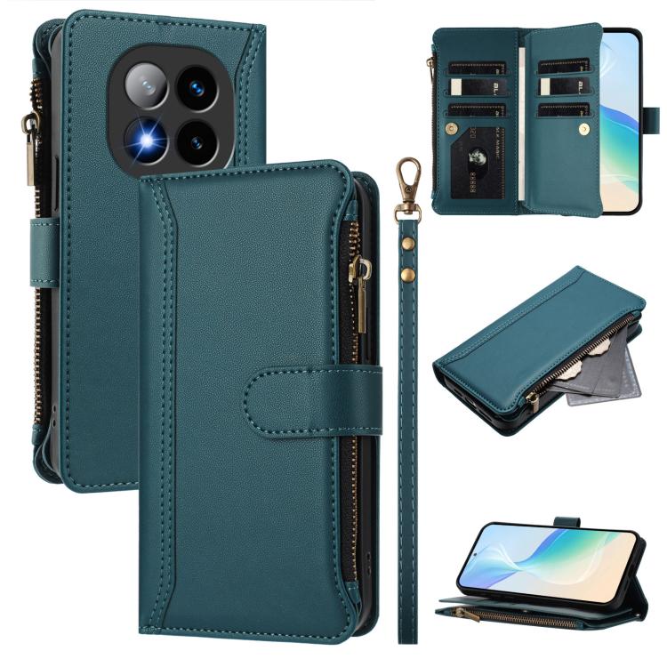 

For Redmi Note 14 Pro+ 5G Magnetic Closure 9 Card Slots Zipper Leather Case with Hand Strap(Dark Green)