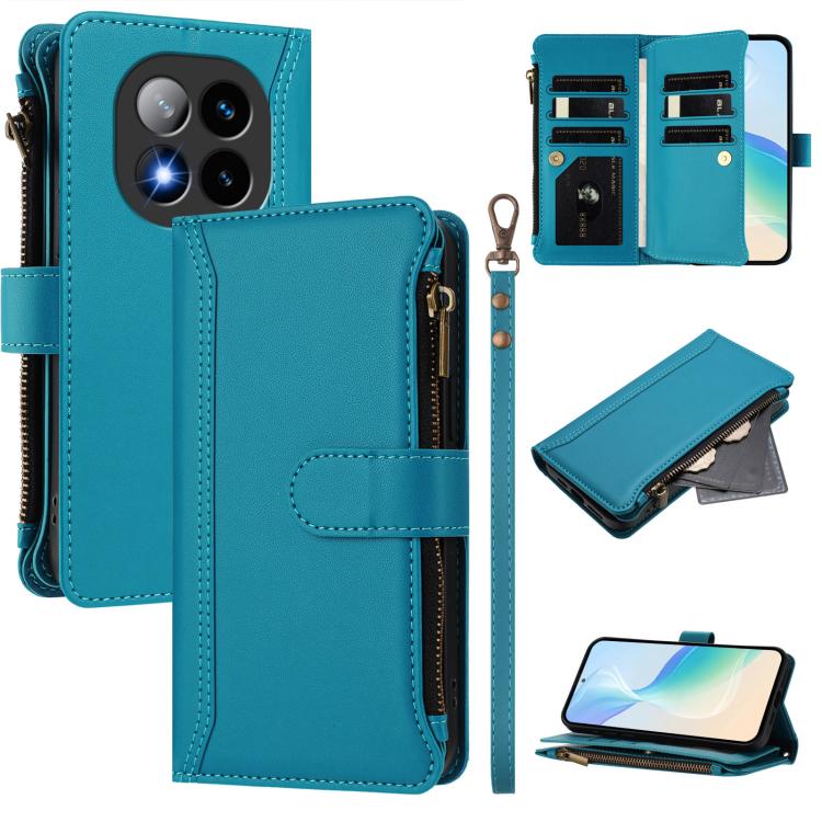 

For Redmi Note 14 Pro+ 5G Magnetic Closure 9 Card Slots Zipper Leather Case with Hand Strap(Turquoise)