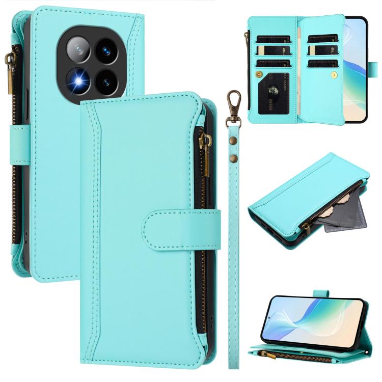 

For Redmi Note 14 Pro+ 5G Magnetic Closure 9 Card Slots Zipper Leather Case with Hand Strap(Mint Green)