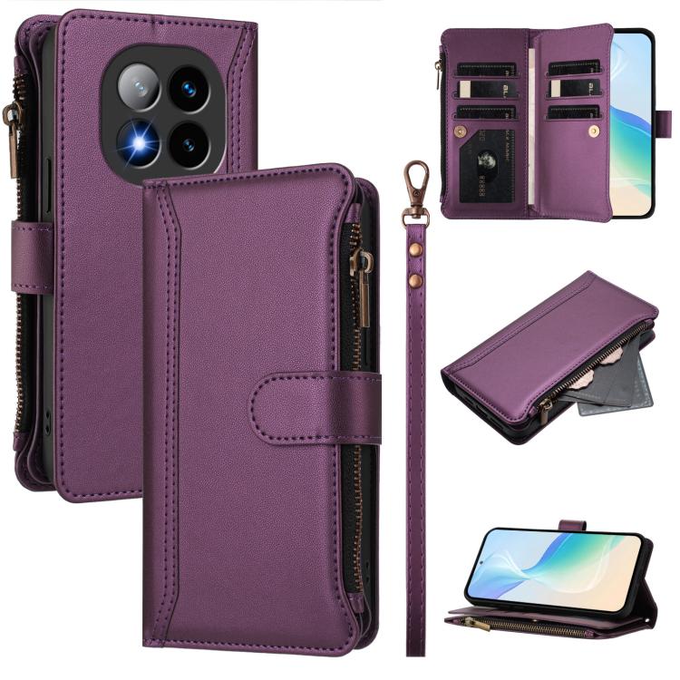 

For Redmi Note 14 Pro+ 5G Magnetic Closure 9 Card Slots Zipper Leather Case with Hand Strap(Purple)