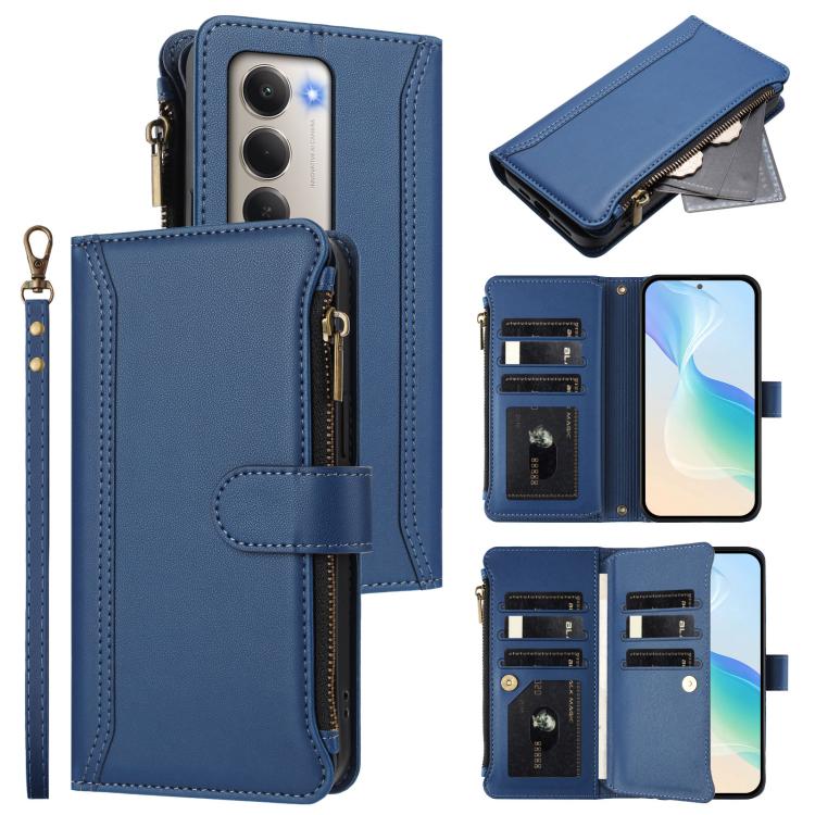 

For Redmi 15 5G / 4G EU 171mm Magnetic Closure 9 Card Slots Zipper Leather Case with Hand Strap(Dark Blue)