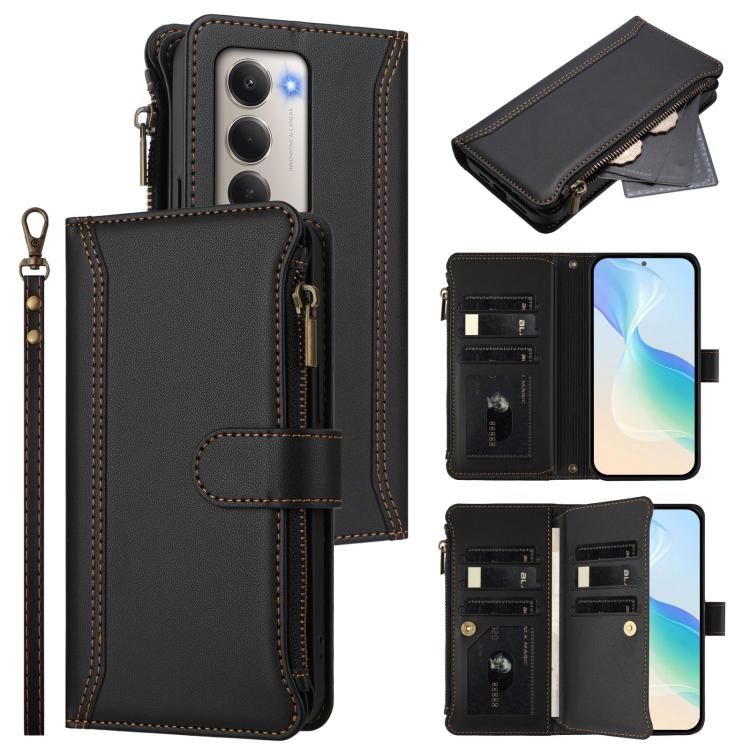 

For Redmi 15 5G / 4G EU 171mm Magnetic Closure 9 Card Slots Zipper Leather Case with Hand Strap(Black)