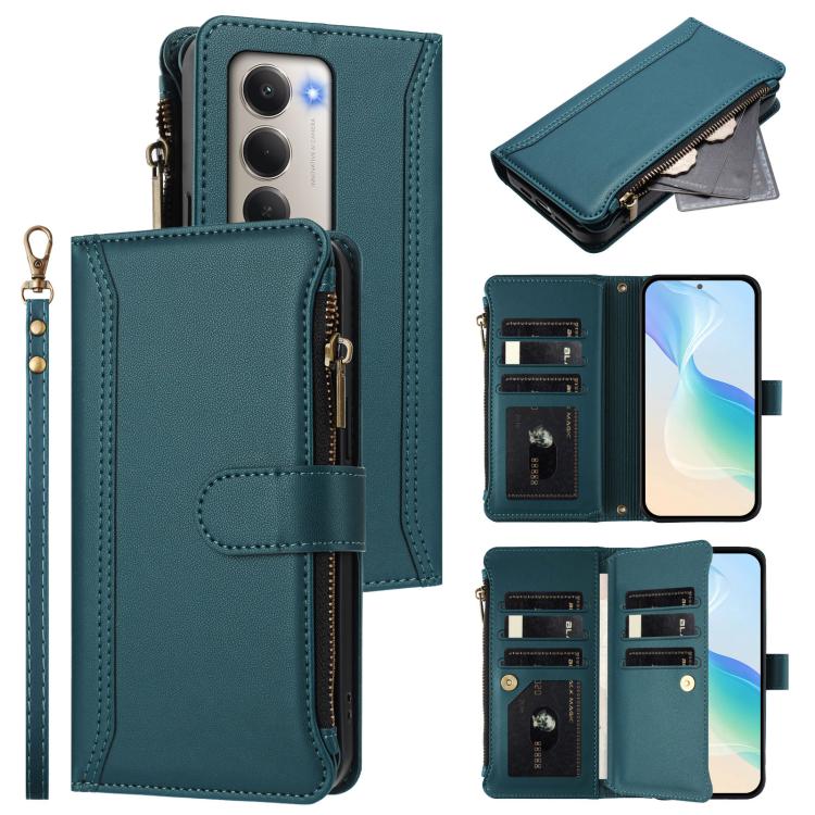 

For Redmi 15 5G / 4G EU 171mm Magnetic Closure 9 Card Slots Zipper Leather Case with Hand Strap(Dark Green)
