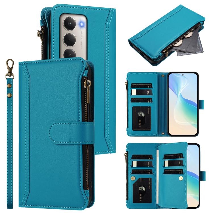 

For Redmi 15 5G / 4G EU 171mm Magnetic Closure 9 Card Slots Zipper Leather Case with Hand Strap(Turquoise)