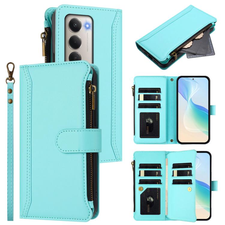 

For Redmi 15 5G / 4G EU 171mm Magnetic Closure 9 Card Slots Zipper Leather Case with Hand Strap(Mint Green)