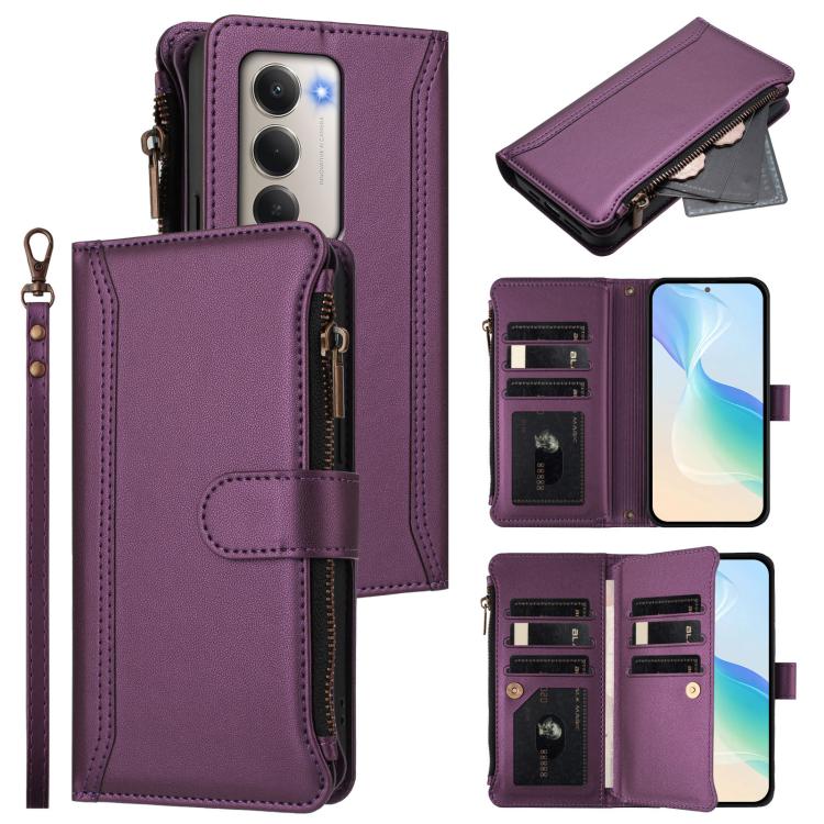 

For Redmi 15 5G / 4G EU 171mm Magnetic Closure 9 Card Slots Zipper Leather Case with Hand Strap(Purple)